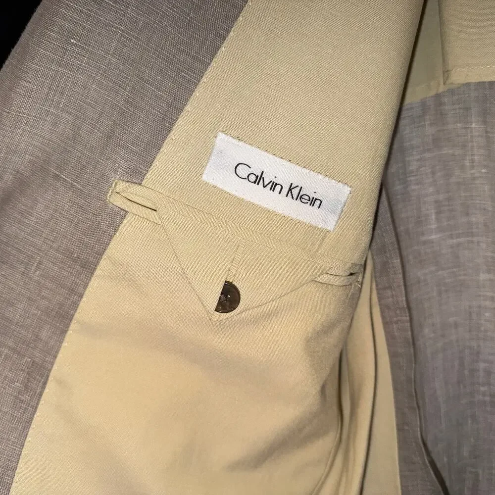 Calvin Klein 100% Linen Blazer 44R Khaki Lightweight Jacket - Picture 6 of 9
